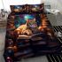 Curious cat in the book-filled room bedding set