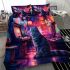 Curious gray and white cat in retro arcade room bedding set