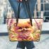 Cute adorable fluffy pomeranian with big eyes leather tote bag