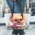 Cute adorable fluffy pomeranian with big eyes leather tote bag
