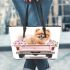 Cute adorable pomeranian dog pink truck with flowers leather tote bag