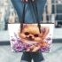 Cute adorable pomeranian puppy with fluffy fur leather tote bag