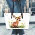 Cute baby deer sitting in the grass leather totee bag