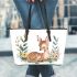 Cute baby deer with flowers leather totee bag