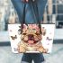 Cute baby english bulldog dog wearing a flower crown and butterfly leather tote bag