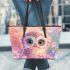 Cute baby owl with big eyes pink and purple colors leather tote bag