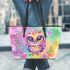 Cute baby owl with big eyes pink and purple colors leather tote bag