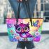 Cute baby owl with big eyes wearing pink and purple dress leather tote bag