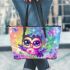 Cute baby owl with big eyes wearing pink and purple dress leather tote bag