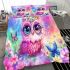 Cute baby owl with big eyes wearing pink and purple dress bedding set