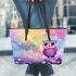 Cute baby owl with heart shaped eyes leather tote bag