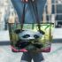 Cute baby panda eating bamboo leather tote bag