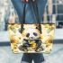 Cute baby panda with sunflowers leather tote bag
