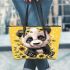 Cute baby panda with sunflowers on a yellow leather tote bag