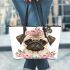 Cute baby pug dog with pink roses leather tote bag