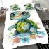 Cute baby turtle with big eyes and colorful flowers bedding set