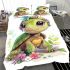 Cute baby turtle with big eyes and colorful flowers bedding set