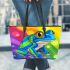 Cute blue and green striped frog leaather tote bag