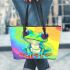 Cute blue and green striped frog leaather tote bag