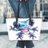 Cute blue and pink colored alien frog with big eyes leaather tote bag