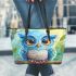 Cute blue owl with big eyes cartoon style leather tote bag