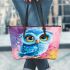 Cute blue owl with big eyes cartoon style leather tote bag