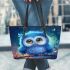 Cute blue owl with big eyes cartoon style leather tote bag