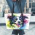 Cute border collie dog in colorful ink wash style leather tote bag