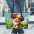 Cute brown and white puppy is sitting on the grass leather tote bag