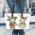 Cute bunny couple holding hands leather tote bag