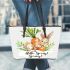 Cute bunny sitting on top of an carrot hello spring leather tote bag