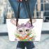Cute bunny with big eyes and a purple bow leather tote bag
