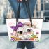 Cute bunny with big eyes and purple bow leather tote bag