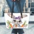 Cute bunny with big eyes and purple bow leather tote bag
