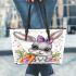 Cute bunny with big eyes and purple bow leather tote bag