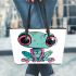 Cute cartoon alien frog with big eyes leaather tote bag