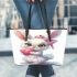 Cute cartoon bunny with a pink bow holding a heart leather tote bag