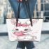 Cute cartoon bunny with a pink bow holding a heart leather tote bag