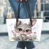 Cute cartoon bunny with big eyes and flowers leather tote bag