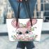 Cute cartoon bunny with big eyes and flowers leather tote bag