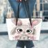 Cute cartoon bunny with big eyes and flowers leather tote bag