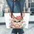 Cute cartoon bunny with big eyes and flowers leather tote bag