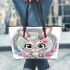 Cute cartoon bunny with big eyes and flowers leather tote bag