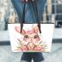 Cute cartoon bunny with big eyes and flowers leather tote bag