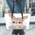 Cute cartoon bunny with big eyes sitting on the flowers leather tote bag