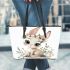 Cute cartoon bunny with big eyes sitting on the flowers leather tote bag