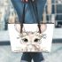 Cute cartoon bunny with big eyes sitting on the flowers leather tote bag