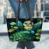 Cute cartoon fairy owl with big blue eyes leather tote bag