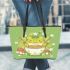 Cute cartoon frog eating ramen leaather tote bag