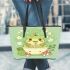 Cute cartoon frog eating ramen leaather tote bag